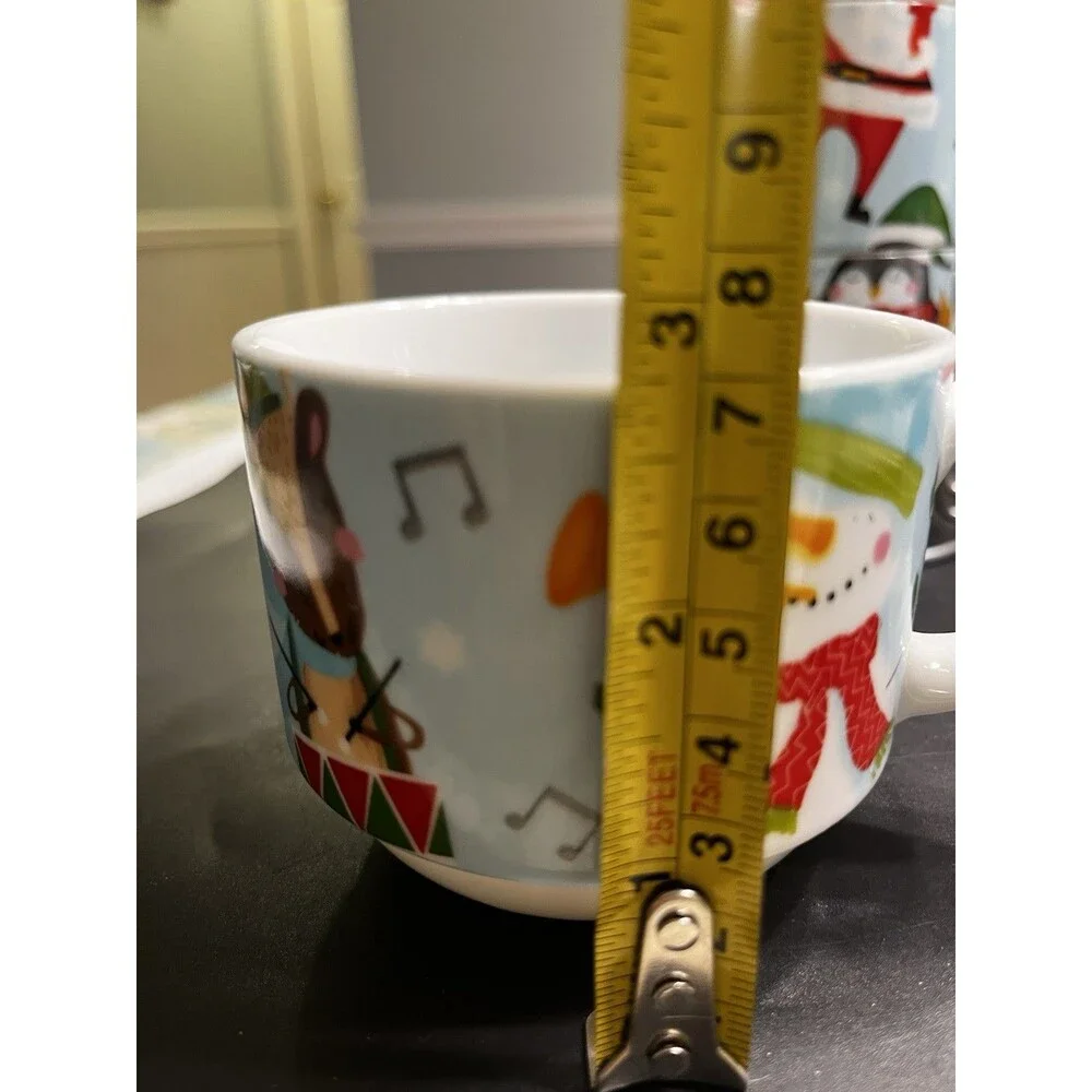 Pier 1 Stackable Santa Snowman Christmas Mugs w Metal Holder
